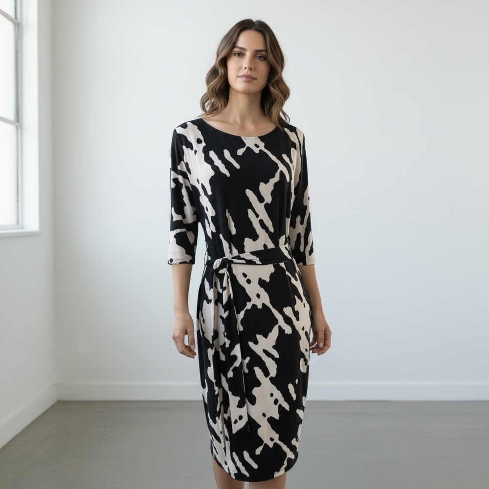 Black & Off White Abstract Print Sheath Dress with Matching Fabric Belt  Size XS